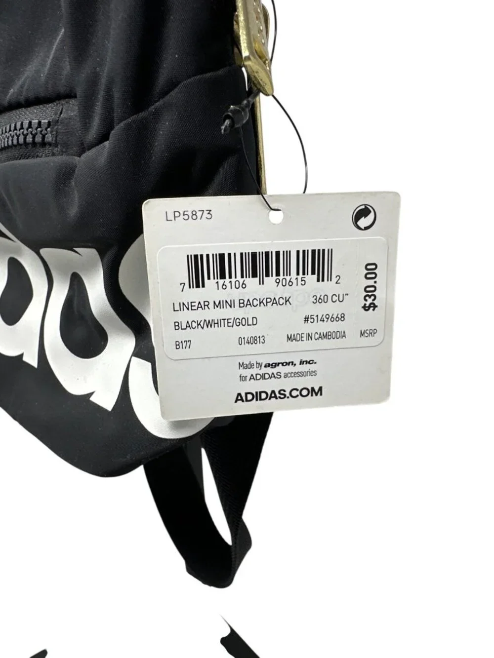 Adidas Linear Mini Backpack Black/White With Gold Zippers